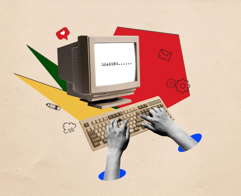 Contemporary,Art,Collage.,Hands,Typing,On,Vintage,Computer,Keyboard.,Concept
