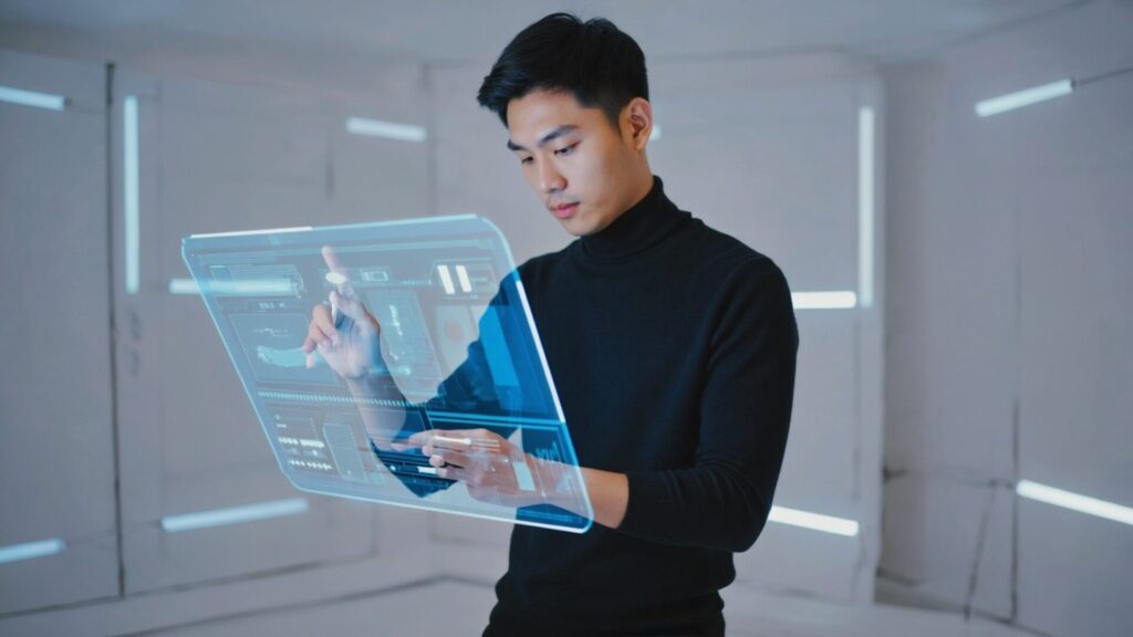 Asian,Man,Sketching,Idea,On,Hologram,Paper