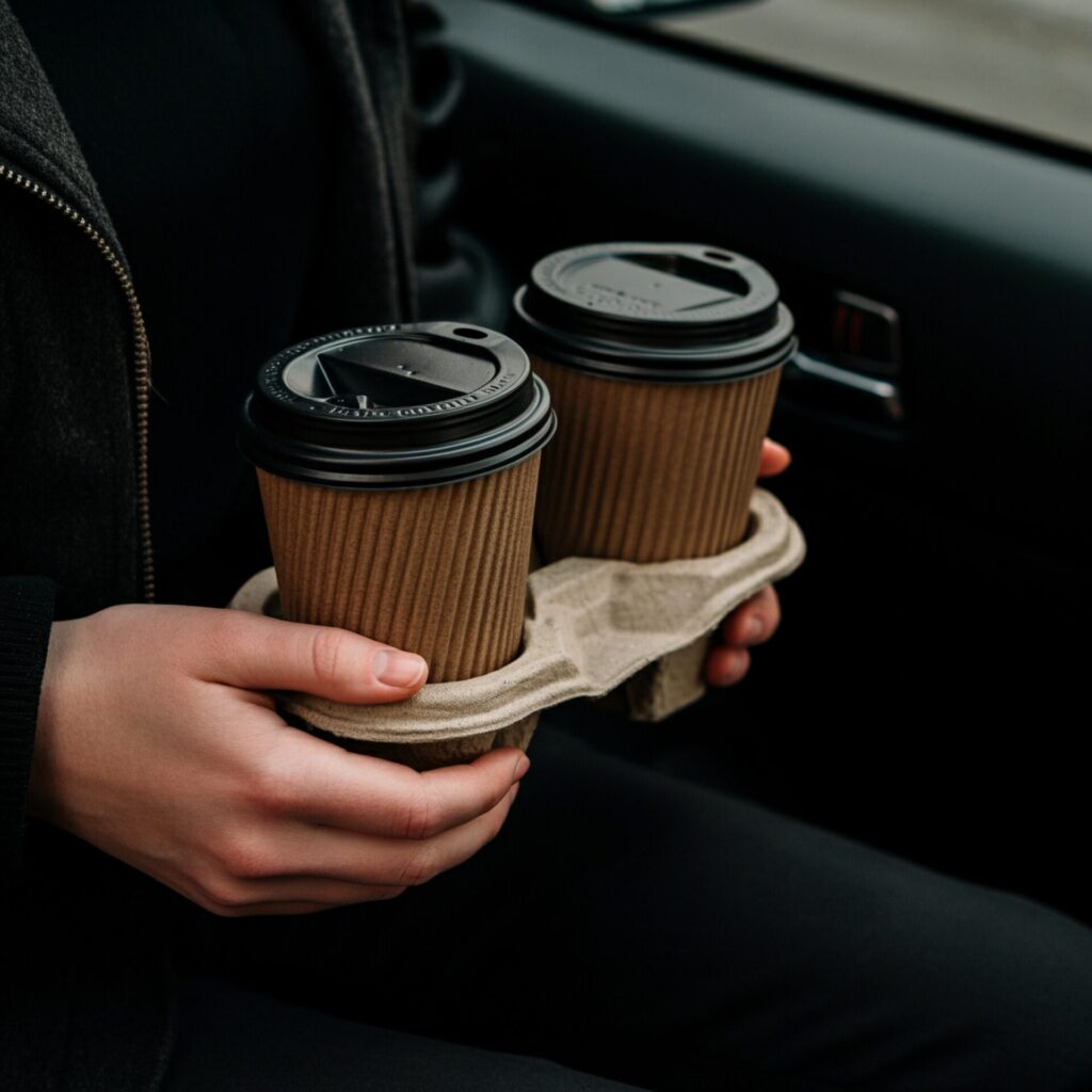 Carries,2,Paper,Coffee,Cups,With,Black,Lids,In,The