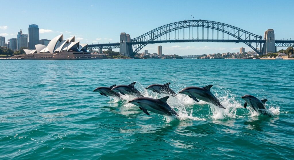Dolphpins,Jumping,Over,Ocean,With,Sydney,On,Background.