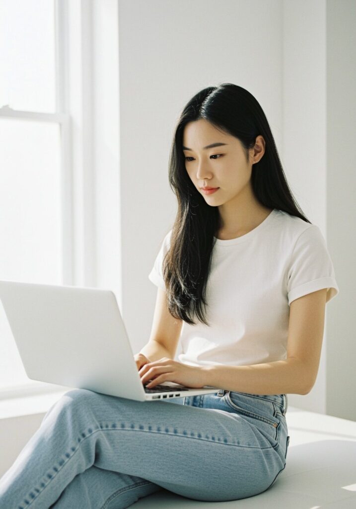 Asian,Young,Woman,Working,On,Laptop,In,White,Room.