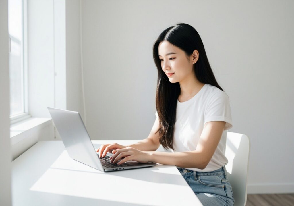 Asian,Young,Woman,Working,On,Laptop,In,White,Room.