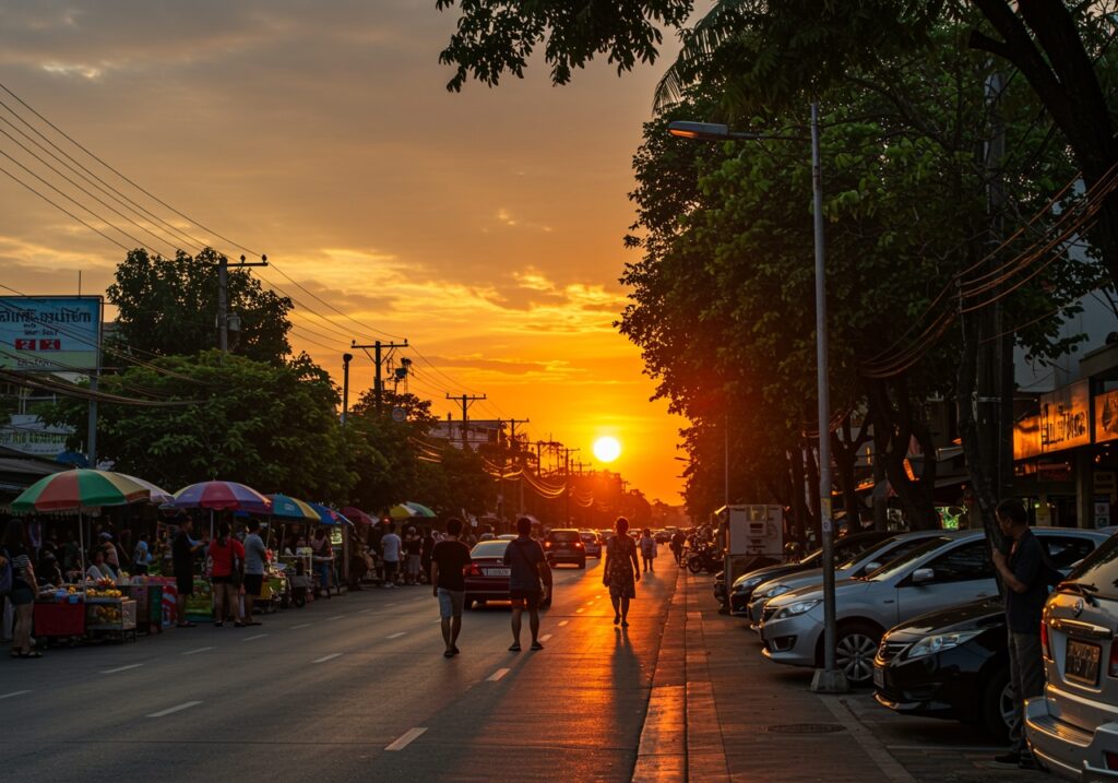 Thailand,Street,Scene,During,Sunset,,With,People,Walking,On,A