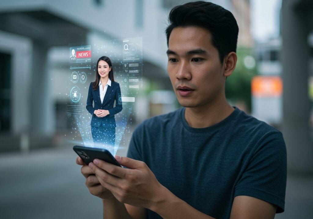 Hologram,Of,News,Lady,Pop,Up,From,Smartphone,,Asian,Thai