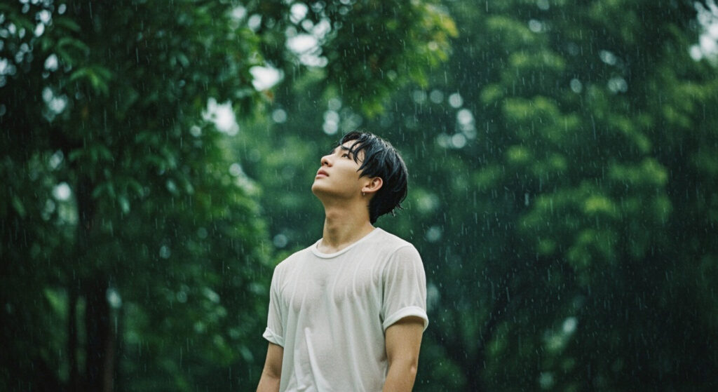 Asian,Thai,Man,Looking,Up,The,Sky,,Rainning,,Cloudy,,Tree.