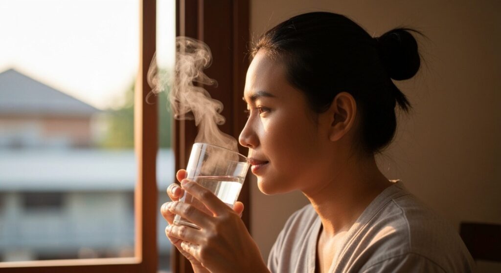 A,Thai,Person,Drinking,Warm,Water,From,A,Clear,Glass