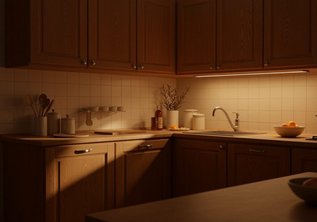 Ealistic,Kitchen,Scene,With,Warm,Tones,,Wooden,Cabinets,,And,Soft