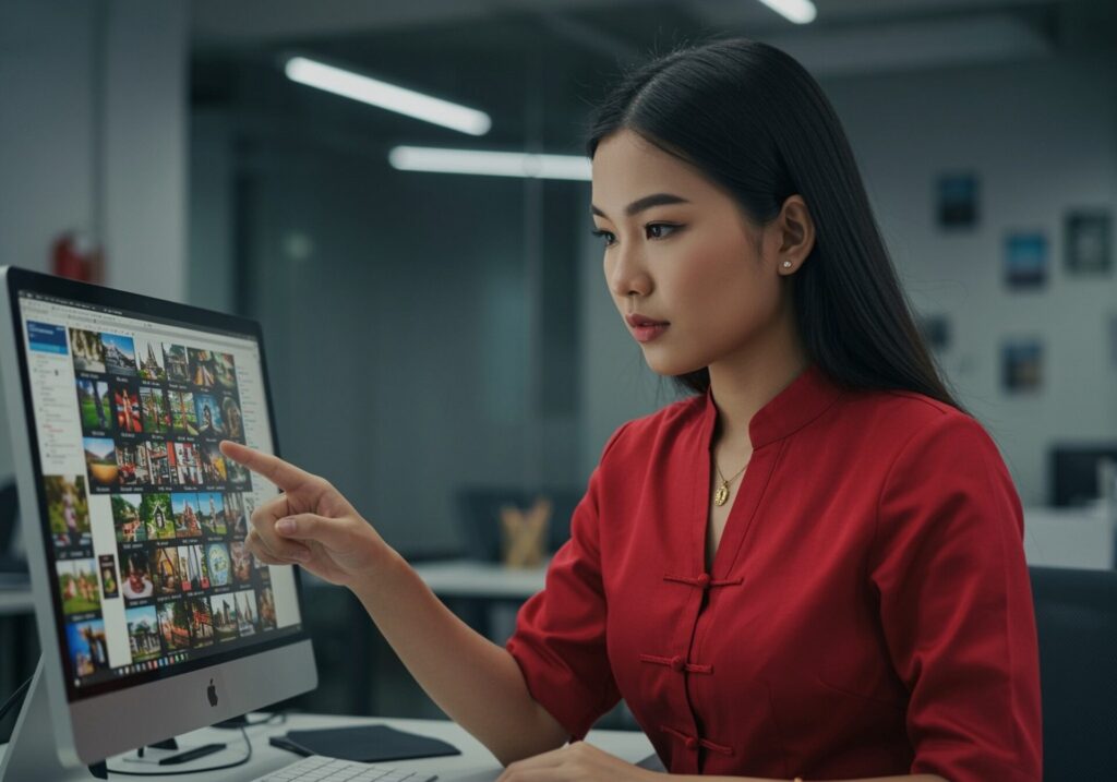 Asian,Thai,Woman,In,Red,Shirt,Finding,Image,In,Shutterstock