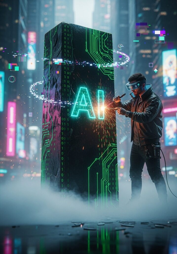 Cyberpunk,Sculptor,Carving,The,Word,"ai",On,A,Monolith,Made