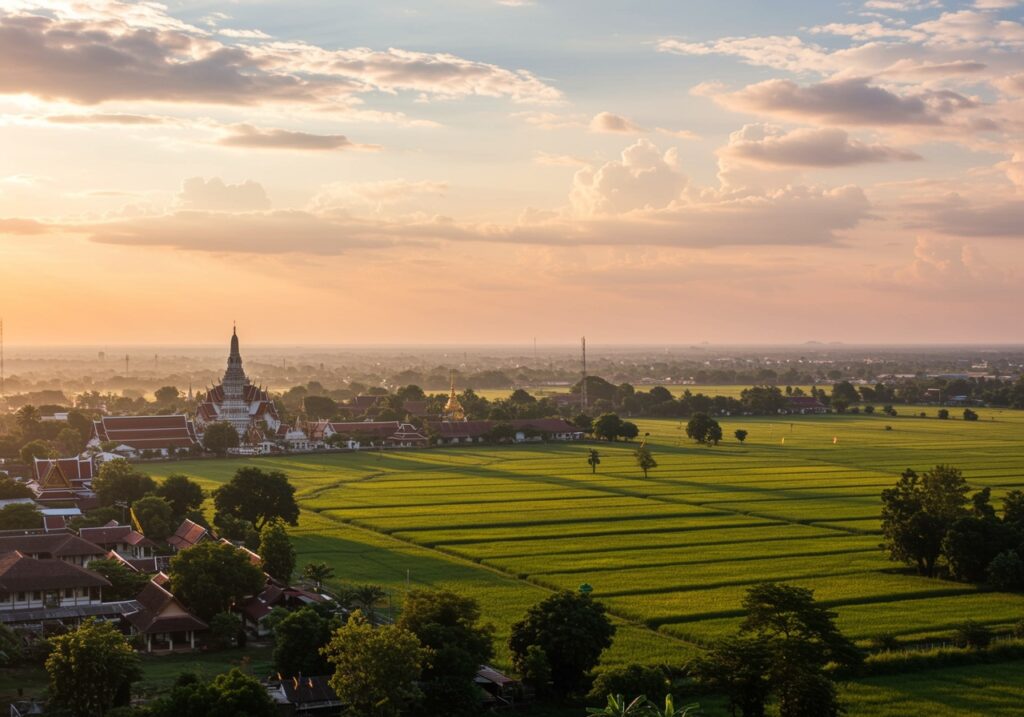 Thailand,Landscape,At,Golden,Hour,,With,Warm,Sunlight,Casting,Long