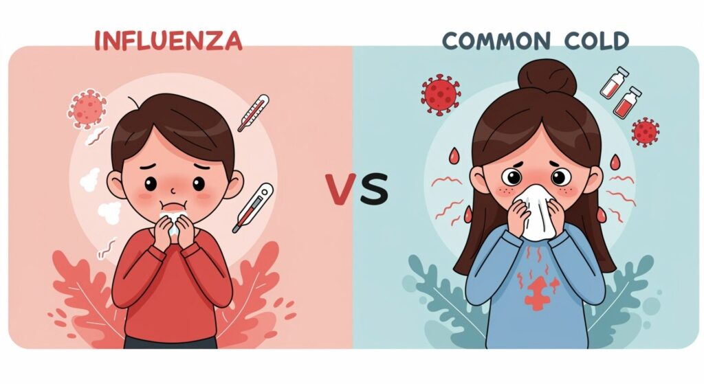 Cute,And,Funny,Infographic style,Illustration,Comparing,Influenza,And,Common,Cold.