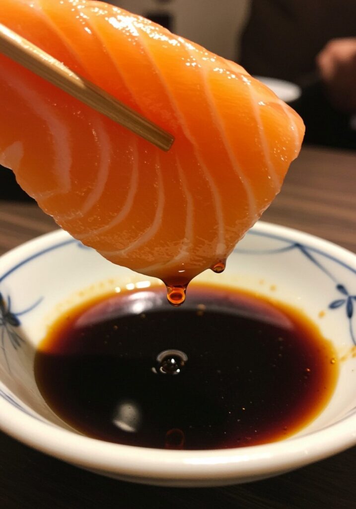Extreme,Close,Up,Of,Salmon,Sashimi,Dipping,In,Shoyu.
