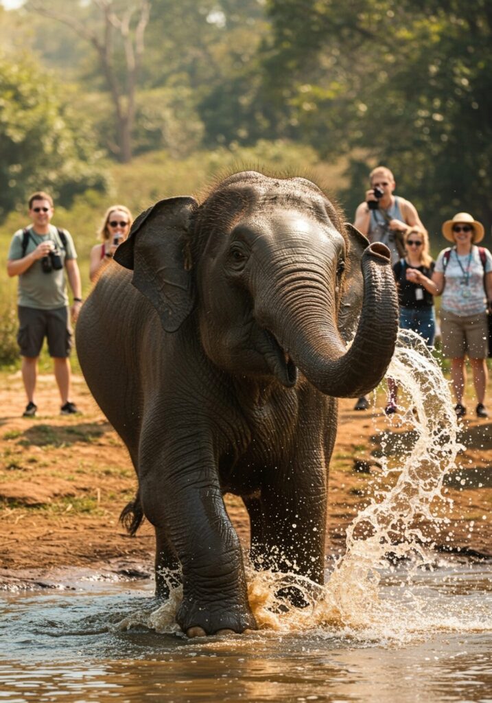Elephant,Splash,Water,With,Trunk,To,Tourists.