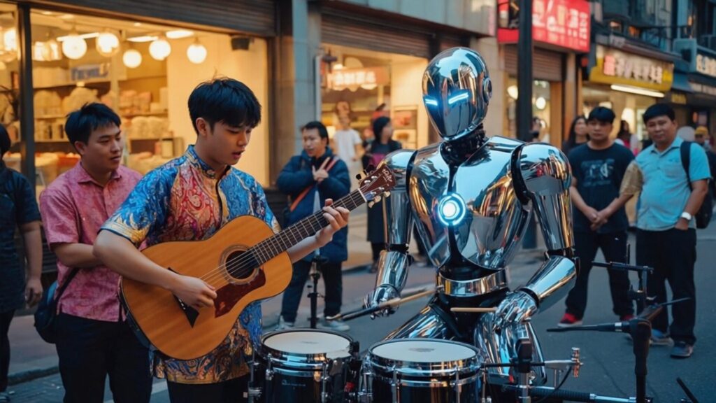 A,Lively,Street,Corner,Scene,Where,A,Thai,Musician,Plays