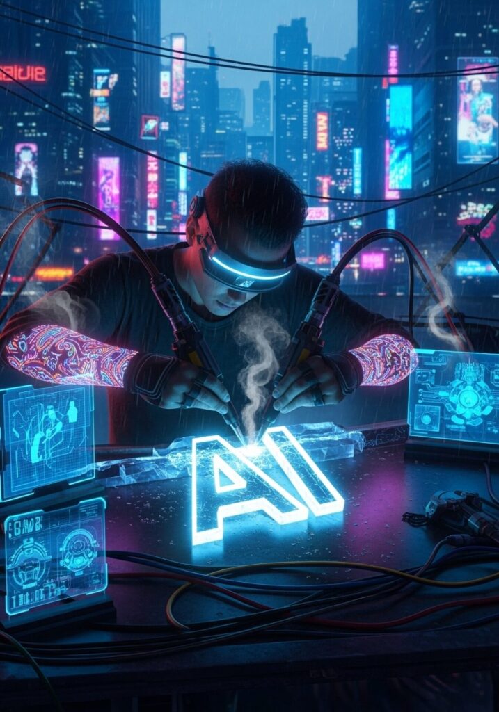 A,Futuristic,Cyberpunk,Sculptor,Carving,The,Word,"ai",Into,A