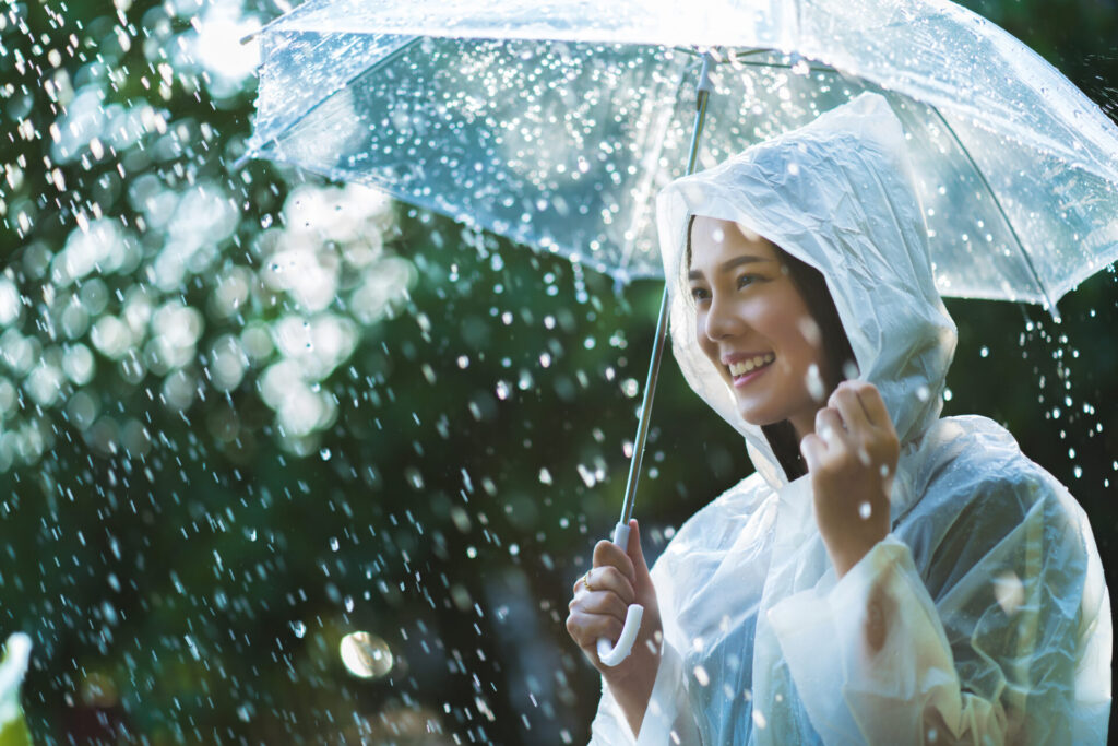 Rainy,Day,Asian,Woman,Wearing,A,Raincoat,Outdoors.,She,Is