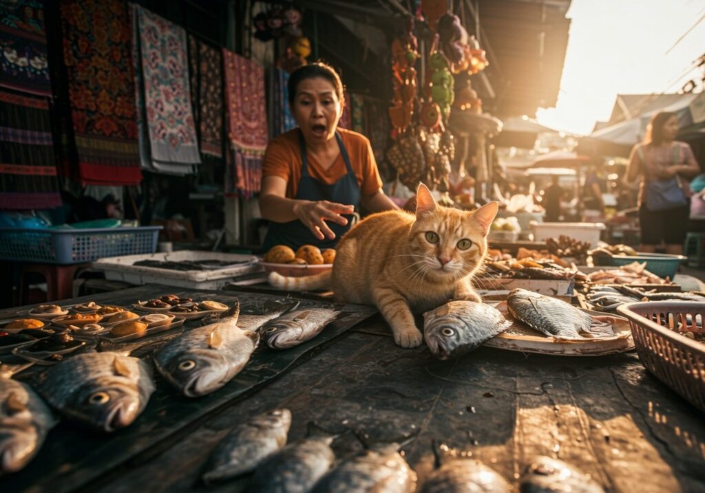 Cat,Stealing,Fish,From,Thai,Market