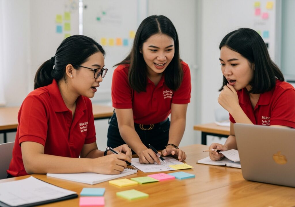 Group,Of,Asian,Thai,Young,Woman,In,Red,Shirt,Working