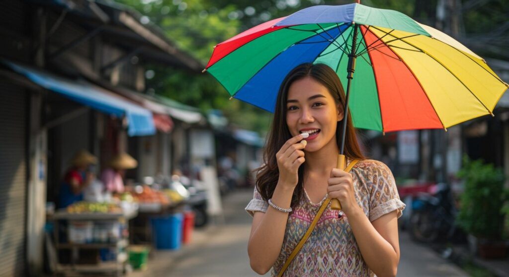 Thai,Asian,Woman,Walking,With,Umbrella,,Eating,Pill