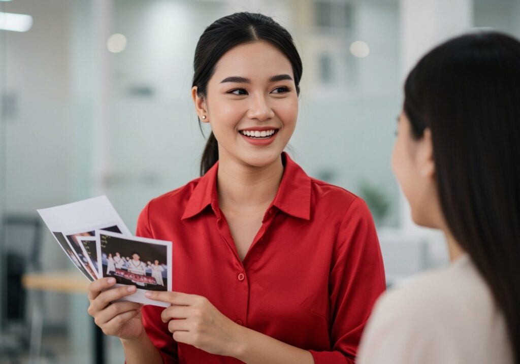 Asian,Thai,Woman,In,Red,Shirt,Talking,To,Client,With