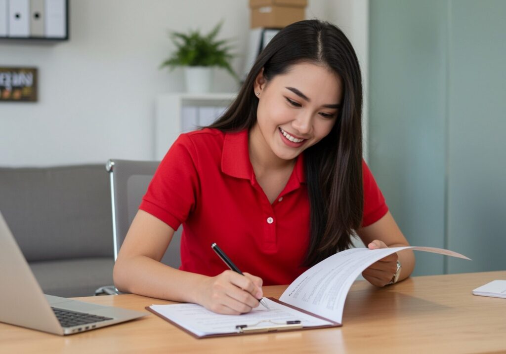 Asian,Thai,Young,Woman,In,Red,Shirt,Working,On,Licensing