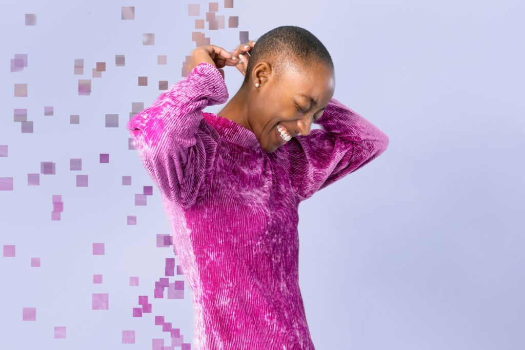Happy,Woman,In,Pixel,Dispersion,Style
