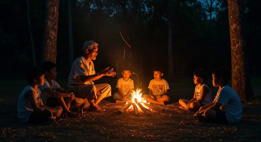 Asian,Thai,Old,Man,Telling,Story,To,Asian,Kids,Around