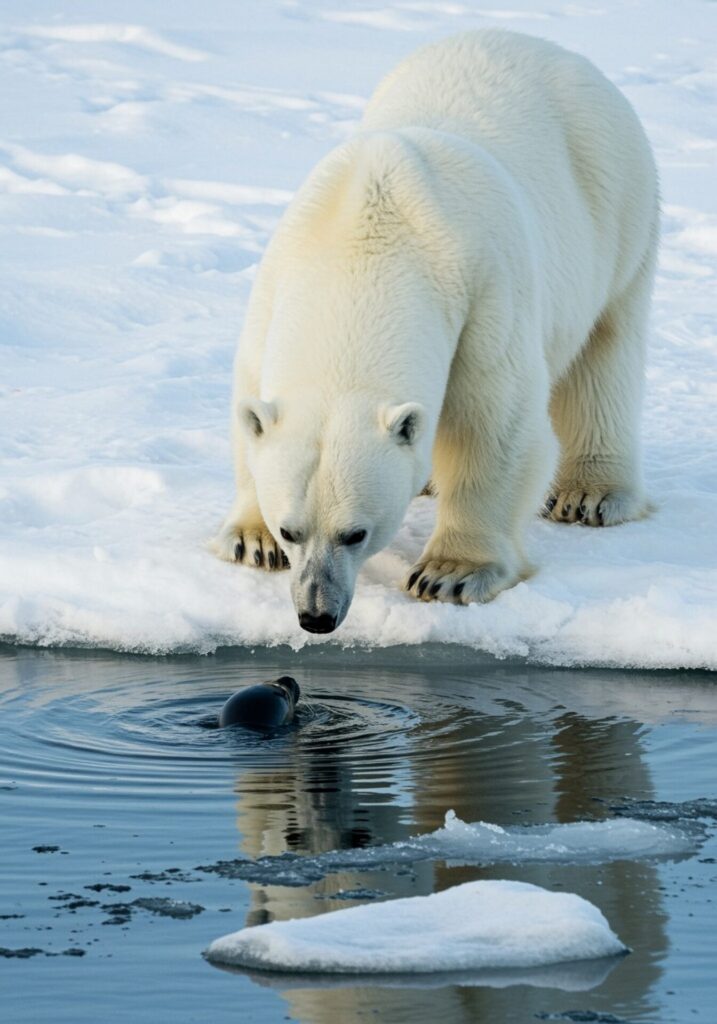 Polar,Bear,Looking,Closely,To,Water,Surfce.,Seal,Hiding,Under