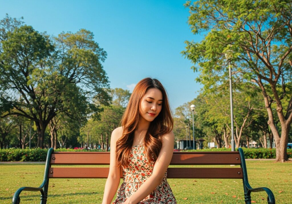 Portrait,Of,Asian,Thai,Woman,With,Long,Brown,Hair,,Sitting