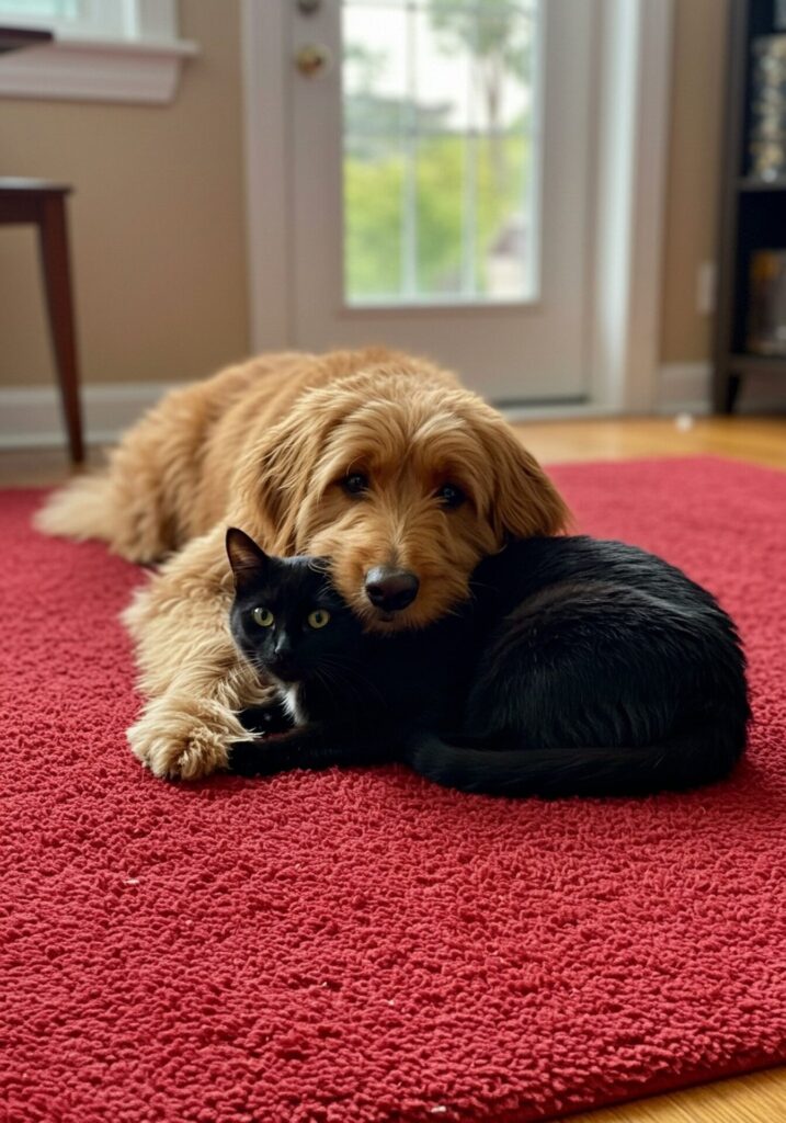 Dog,And,Cat,Lying,On,Red,Rug