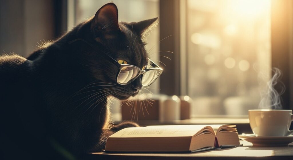 Black,Cat,Wearing,Glasses,,Reading,A,Book,In,Cafe,,Cup