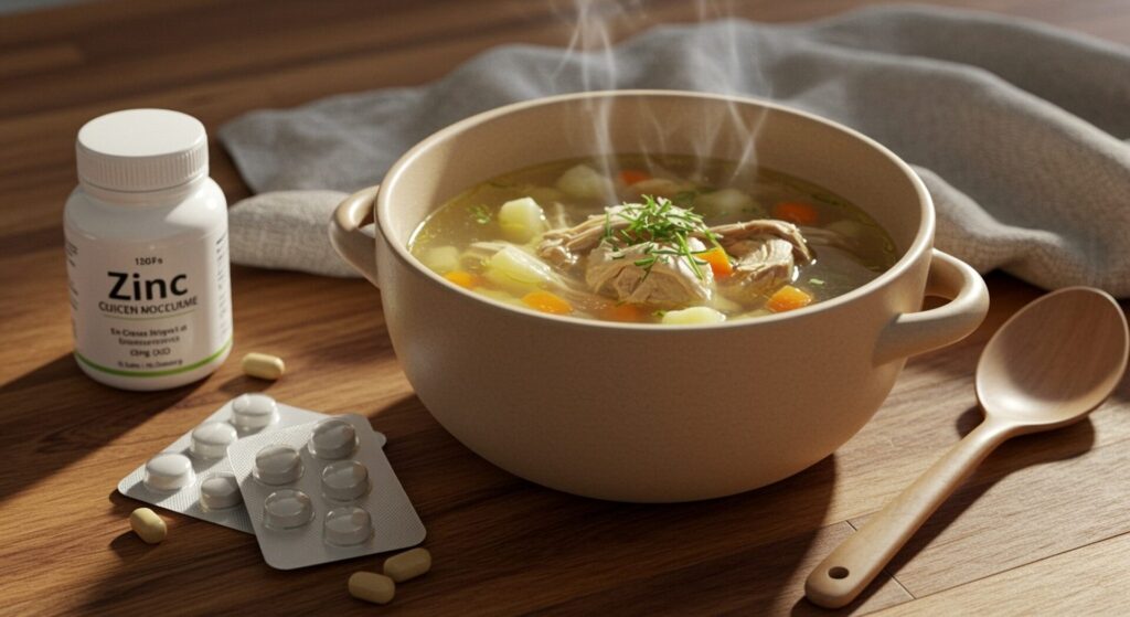 A,Warm,Bowl,Of,Homemade,Chicken,Soup,On,A,Wooden